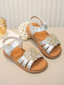 女童银色亮片心形露趾踝带公主凉鞋 - 銀色 - 查看 4