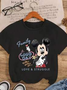 [Disney Licensed] Retro Cartoon Mickey Mouse Print Women's T-Shirt, Casual And Stylish Black Crew Neck Short Sleeve Summer Top,  Everyday Wear, Unique Lazy Style Breathable Printed Shirt, A Must-Have For Anime Fans - 黑色 - 查看 2