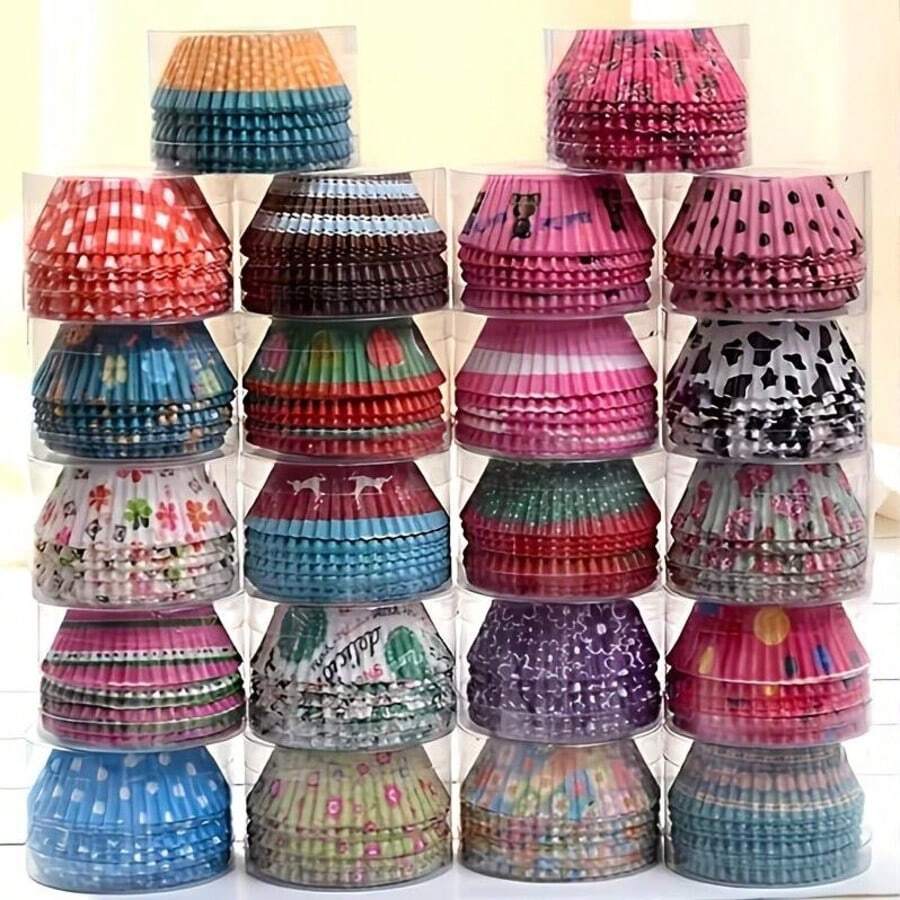 100个随机印花纸杯蛋糕衬垫，防油纸杯蛋糕纸托，适用于蛋糕、玛德琳蛋糕 - 彩色 - 查看 1