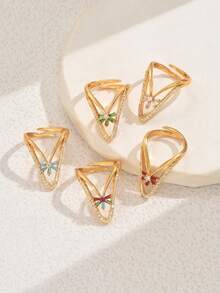1pc Luxury Niche Style Gold-Plated V-Shaped Micro-Inlaid Colorful Zirconia Ring, Suitable For Women's Daily Commute Wear - Multicolor - View 4