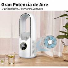 Ventilador de Torre Sin Aspas, Portátil, Modelo de Escritorio con Humidificador y Luz LED, Para Dormitorio, Oficina, Taller, Salon, Motor de 6 Velocidades, Potente y Silencioso - Blanco - Ver 5