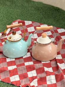 SummitPulse 1个北欧简约鸣笛珐琅木柄水壶，多功能耐高温水壶/咖啡壶/冰水壶/奶茶壶，不易碎油壶，美观的炉灶茶壶，清新家居桌面装饰，生日、节日聚会、户外露营等场合的特色饮具 - 多色鳴笛壺 - 查看 5