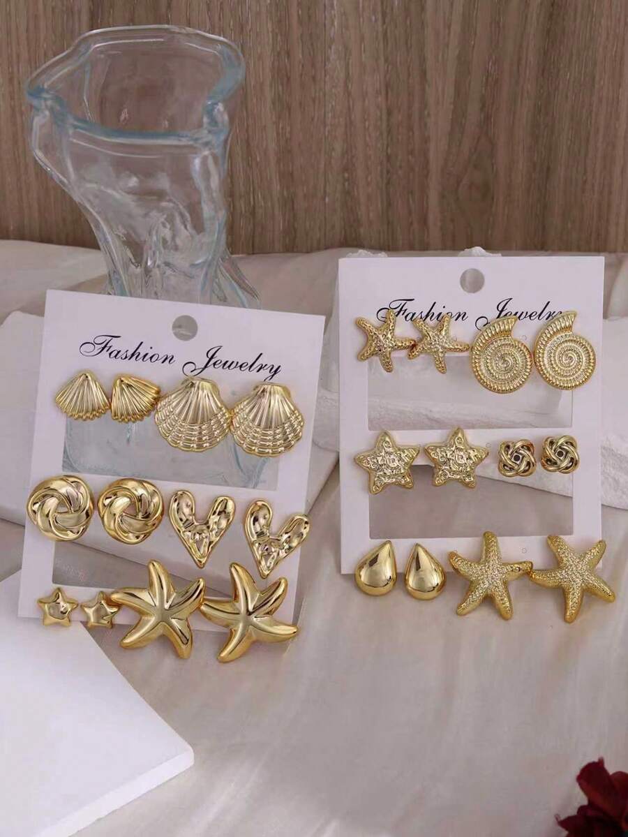 2-12-24pcs New Fashionable Lightweight Starfish, Seashell, Conch Multi-Element Earrings, Suitable For Summer Travel, Beach Vacation And Daily Wear - Gold - View 1