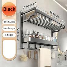Bathroom Towel Rack, Wall-Mounted Organizer Shelf For Toiletries, No Drilling Required - Black - View 3