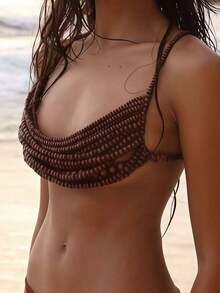 欧美时尚跨界配饰，手工珍珠胸链，波西米亚风女士身体链，性感沙滩装 - 女士宽松露脐胸衣，手工吸睛单品 - 度假风身体饰品，浅棕色串珠露脐上衣 - 大胆波西米亚风时尚配饰 - 彩色 - 查看 2