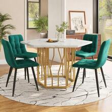 Dining Room Table And Chairs Set (5 Pieces), Modern Hexagonal Marble Table + 4 Green Velvet Chairs To Create A Warm And Contemporary Atmosphere, Gold Table Legs - Green - View 9