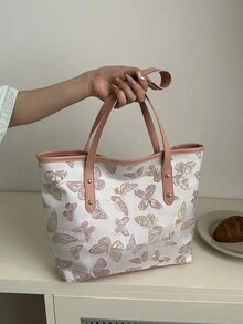 Neue Ankunft Damen Shopper Tasche mit großflächigem Blume Muster, großes Fassungsvermögen ultra-leicht mit Nieten Dekor, geeignet für Pendeln, Einkaufen, Büro, Universität - Pink - Übersicht 5