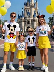 200g, Heavy Cotton, Disney, Mickey, Castle,, Family Matching T-Shirts, Family Of Four - 男孩白色 - 查看 1