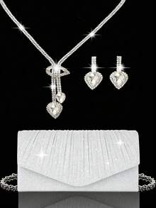 优雅女士水钻晚宴手拿包，闪亮褶皱手提宴会包，V形翻盖信封包，配有闪亮水钻首饰三件套，闪耀钱包，完美适用于派对、婚礼、舞会、晚宴/宴会、婚纱、正式场合、舞会礼服、生日礼服 - 銀色 - 查看 2