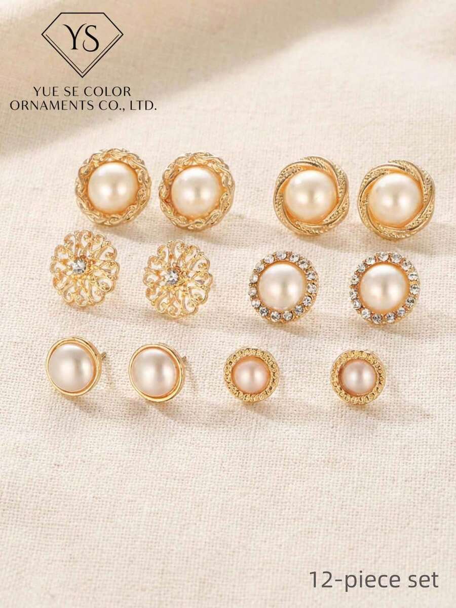 12件套优雅圆形仿珍珠简约奢华休闲耳环套装，高性价比首饰套装，时尚耳环配饰 - 米色 - 查看 1