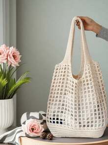Summer New Fashion Women Daily Lightweight Hollow Turtle Pattern Knitted Tote Bag, Large Capacity Shoulder Bag, Suitable For Shopping, Travel, Outdoor And School. Multifunctional Storage Commuter Hobo Bag, Suitable For Beach Vacation Or Easy Carrying - Beige - View 5