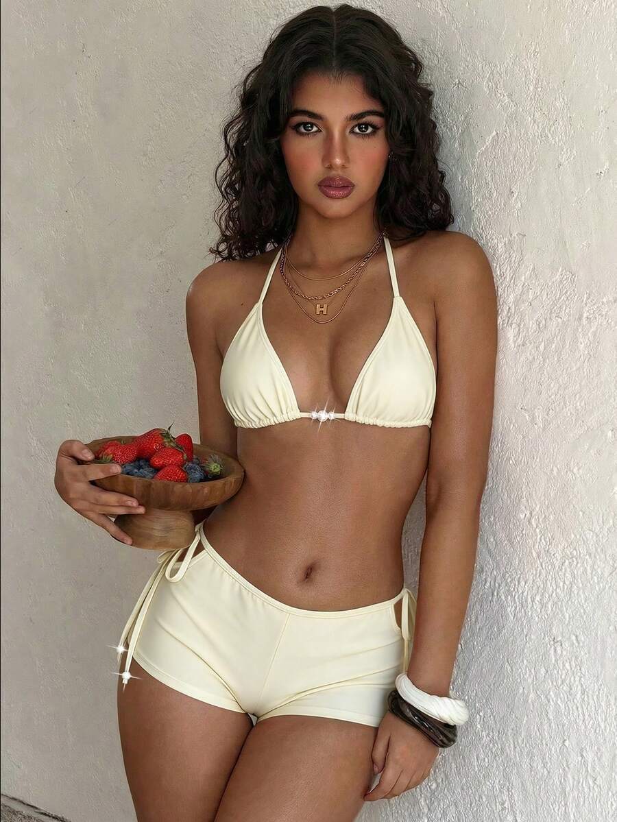 PEPPERMOLLY 2026春夏优雅性感纯色两件式泳衣，搭配复古短裤和仿珍珠装饰，时尚比基尼，适合海滩、泳池和运动度假。 - 米白色 - 查看 1