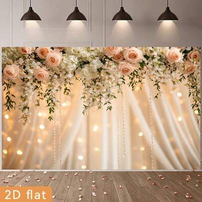 2D Flat Party Banner, 1pc Polyester Backdrop Cloth, Dreamy Floral Wedding Background, Suitable For Party Decoration, Club, Farm, Garden, Room, Home, No Electricity Needed, Easy To Hang, Independence Day Gift, 2D Flat Design
