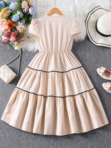 Girls' Elegant Floral Decor Wavy Stripe Casual Dress, Suitable For Daily Wear In Summer - Apricot - View 2