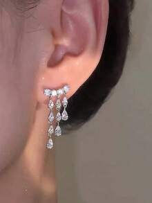 1 Đôi bông tai tua rua hình giọt nước sang trọng, thanh lịch, tinh tế, thích hợp cho tiệc tùng, du lịch, trang sức hàng ngày quyến rũ, quà tặng dành cho phụ nữ - Bạc - Xem 3