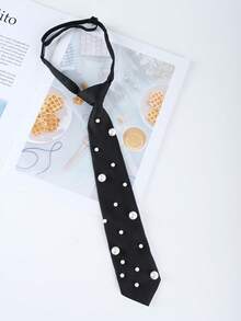 1 pieza Corbata de estilo universitario para mujer, corbata de moño con cremallera y perlas versátil, diseño de flecha - Perla Negra - Ver 2