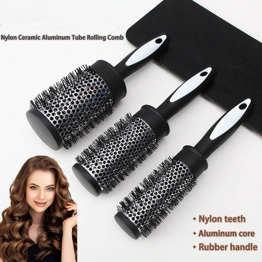 1pc Women's Black Hair Styling Nylon Bristle Curling Roller Brush With Heat-Resistant Aluminum Tube & Bangs Styling Tool, Easy To Create Curls At Home Beauty Home Hair Accessories - Multicolor - View 1