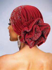 Awegeo 女士手工水晶装饰透气发带帽 - 精致花卉设计，适合日常居家佩戴，可作斗篷帽、纯色针织睡帽，夏季沙滩皆宜 - 多色 - 查看 6