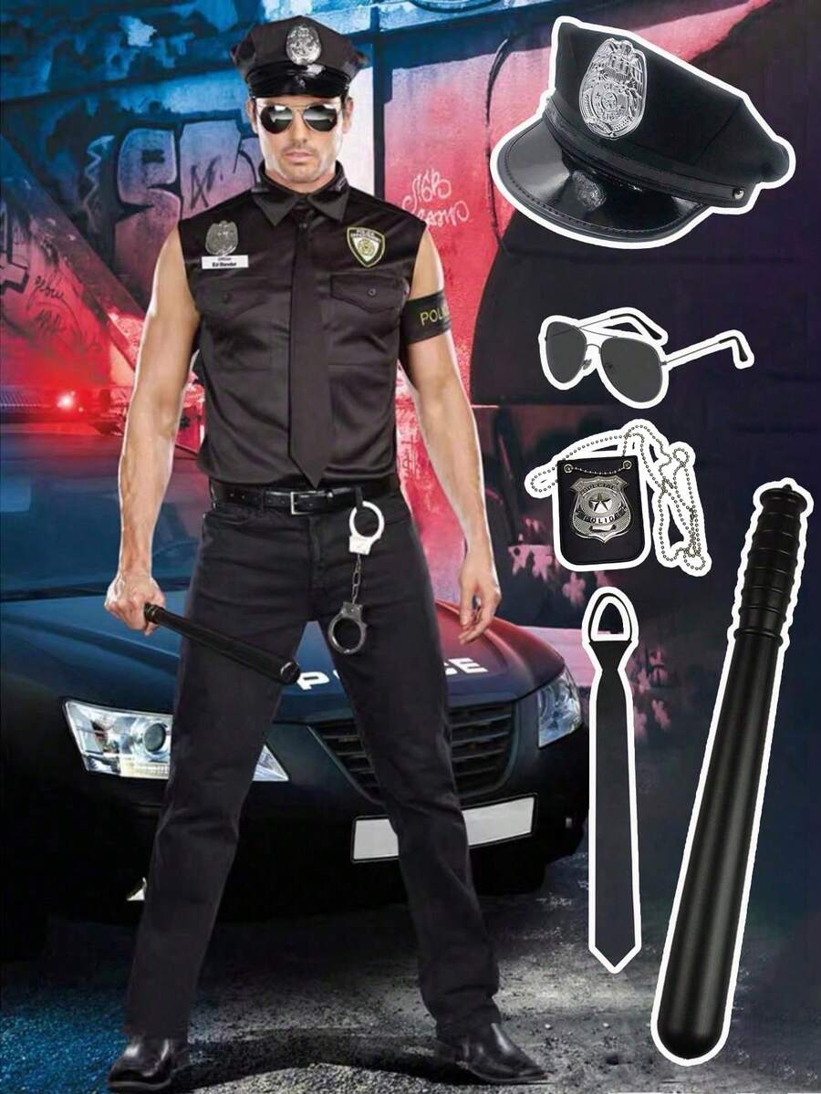 男士服装套装 - 帽子、领带、眼镜、手铐、警棍、角色扮演配件，男女通用，适用于舞台表演、活动、派对、礼物、情人节 - 彩色 - 查看 1