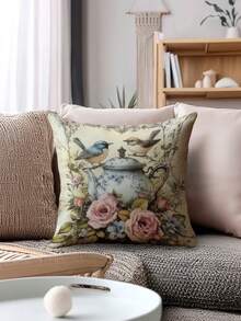 2pcs Spring Style Bird & Flower Teapot Pattern Removable Zippered Pillow Covers, Washable, No Filling, Suitable For Home Decor, Living Room, Sofa, Bedroom - Multicolor - View 6