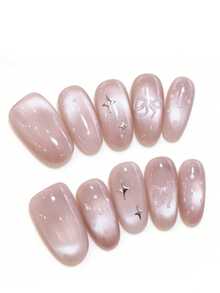 10pcs It's Named Pink Bow Star Glow. This Manicure Showcases A Seamless Blend Of Milky Pink And Shimmery Cat-Eye, Paired With Playful Star And Bow Details. The Soft, Glossy Finish And Whimsical Patterns Create A Chic, Versatile Look-Ideal For Date Nights, Weddings, Or Any Day You Want To Feel Extra Sweet And Charming - Baby Pink - View 2
