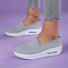 Women's Knitted Air Cushion Shake Shoes For Spring And Summer, Slip-On Lazy Style, Heel Air Cushion Shock Absorption Design, Breathable Mesh Material, New Fashion Casual Sneakers, Suitable For All Seasons. - Grey - View 5