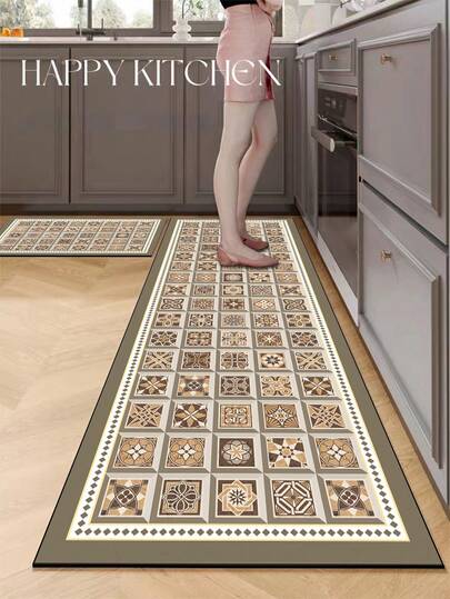 1 قطعة بساط مطبخ من جل السيليكا بنمط بلاط عتيق، يتميز بمزيج من الأشكال الهندسية والزهور في درجات البني والبيج، ليعكس أسلوب أوروبي فاخر وكلاسيكي. يتميز البساط بتصميم أنيق ومريح، مع وسادة وخصائص مضادة للإرهاق، مصنوع من قماش السطح ومادة إسفنجية ماصة في الوسط وقاع مطاطي مانع للانزلاق.