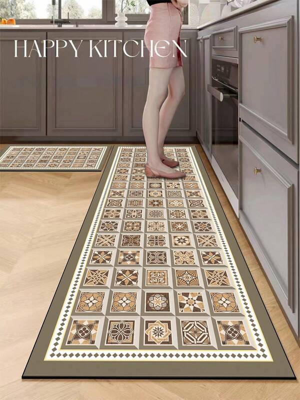 שטיח מטבח סיליקה ג'ל אחד עם דוגמת אריחים וינטג', הכולל שילוב של מוטיבים גיאומטריים ופרחוניים בגווני חום ובז', המציג סגנון רטרו אירופאי יוקרתי. לשטיח המטבח עיצוב אופנתי ונוח, עם תכונות ריפוד ומניעת עייפות, עשוי מבד משטח, חומר סופג ספוג באמצע ותחתית גומי נגד החלקה.