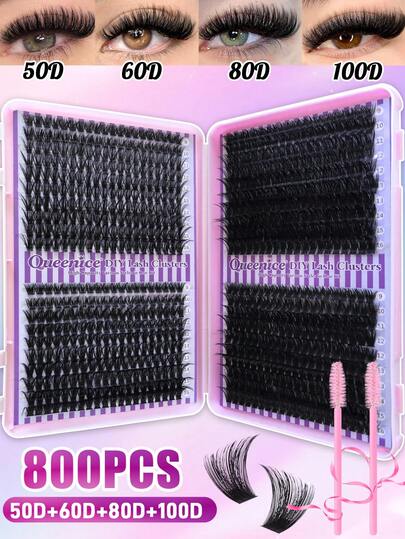 Queenice 800 PCS Large Capacity Individual Cluster False Eyelashes, 50D+60D+80D+100D, D Curl, 9-16mm Length, Theme DIY Lashes, Natural, Thick, Curly, Ultra Soft, Super Light, Reusable, Segmented Individual Lash Extension Kit, Suitable For Weddings, Travel, Gifts, Home Use, Halloween, Cosplay And Daily Makeup