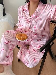 Dreamivo 2pcs Plus Size Women's Pink Striped Long Sleeve Pajama Set - Pink - View 3