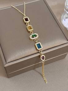 1件18K镀金多色锆石指链手链，女士不锈钢手链，适合情人节、派对、晚宴、日常佩戴、约会、狂欢节、新年、婚礼、海滩、圣诞节、周年纪念日等场合，优雅妈妈礼物，波西米亚风珠宝，生日伴娘礼物 - 彩色 - 查看 6