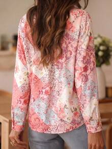 女士波西米亚风花卉拼接长袖衬衫，带口袋，度假风 - 粉色 - 查看 2