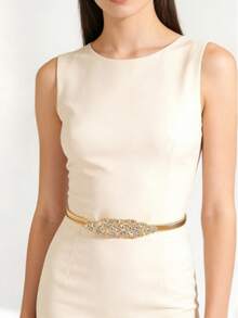 1条女士水钻装饰时尚细腰带 - 金色 - 查看 4