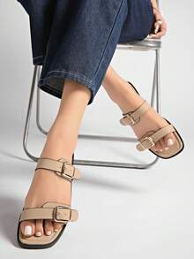 New Summer Flat Buckle Slip-On Slippers For Women, Minimalist Versatile Non-Slip Beach Sandals - Khaki - View 4