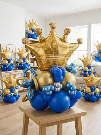 29pcs/Set Father's Day Party Decoration Balloon Set, Giant Gold Crown Shaped Foil Balloon, 10-Inch Blue And Gold Latex Balloons, Blue Gold Silver Color Scheme, Suitable For Dad Birthday, Husband Birthday Party Decor