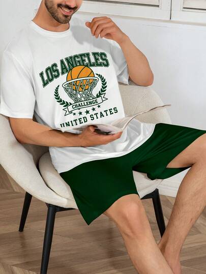 2 Peças Conjunto de Pijama Masculino Casual de Cor Sólida com Gola Redonda, Estampa de Basquete Cartoon, Manga Curta e Shorts, Roupa de Descanso Confortável