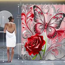 1/3/4pcs 2d Flat Elegant Red & Pink Butterfly Floral Bathroom Set - Opaque Polyester Waterproof Shower Curtain, Non-Slip & U-Shaped With 12 Hooks, Valentines Decoration For Home - D - 查看 3