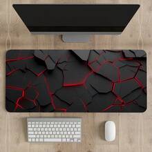 电脑桌垫 XXL 鼠标垫 大号鼠标垫 游戏桌垫 办公桌垫 防滑橡胶底 缝边设计 适用于游戏办公，红色裂纹几何图案 - 查看 9