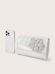 Women's Sparkle Silver Pleated Clutch, Rhinestone Flower For Wedding & Party - Silver - View 3