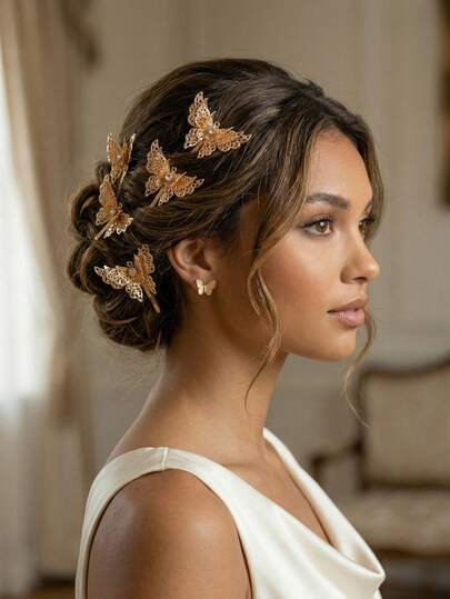 5pcs Hollow Butterfly Bobby Pins With Rhinestone Decor, Gold-Tone Hair Clips For Wedding Party Or Daily Wear, Charming Bridal Hair Accessories