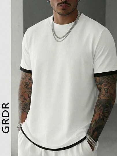  GRDR 男士夏季撞色圆领二合一短袖T恤，休闲&