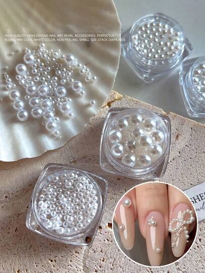 1盒纯白闪亮珍珠美甲装饰品，包含大小珍珠，迷你不掉珠美甲配件