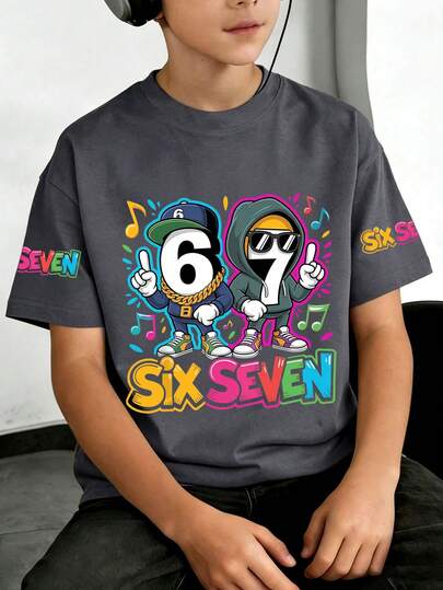 Tween Boy Cartoon Element Six Seven67 Print T-Shirt, Soft And Comfortable Fabric, Suitable For Boys Outdoor Sports, Daily Wear, Street Style, Campus Style, Fashionable Casual Top For Boys In Spring And Summer