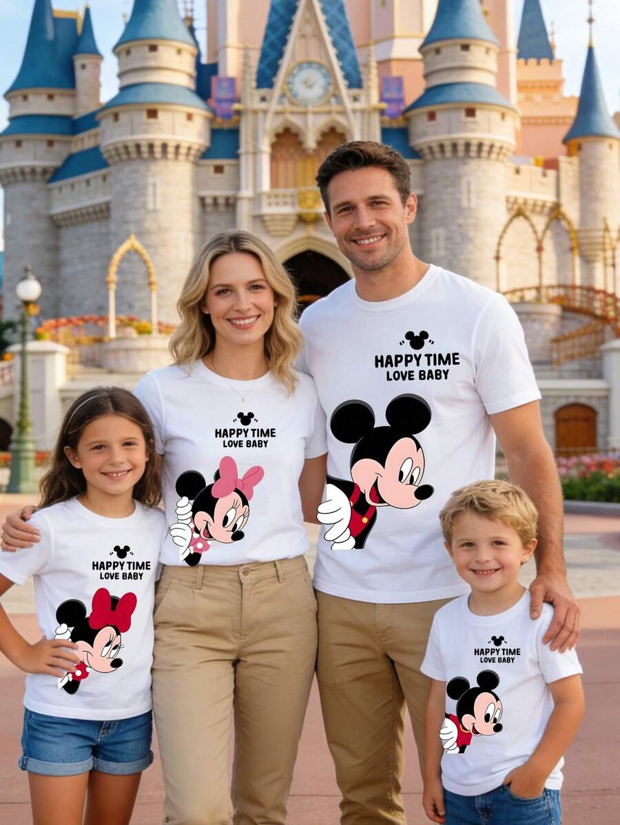 Disney, Family Matching Outfits, 200g, Heavyweight, Short Sleeve, T-Shirts, 4 Family Members - Boy In White - View 1
