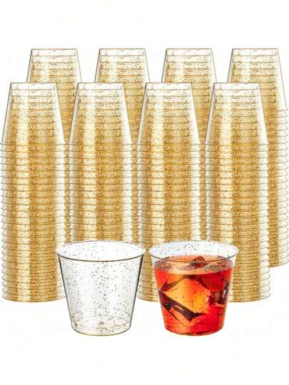 100/50/25 件装透明金粉 1 盎司香槟杯、葡萄酒杯、鸡尾酒杯、婚礼祝酒杯、可重复使用的饮具，适合新年、圣诞节、派对、婚礼、生日、情人节和返校季等大型活动。