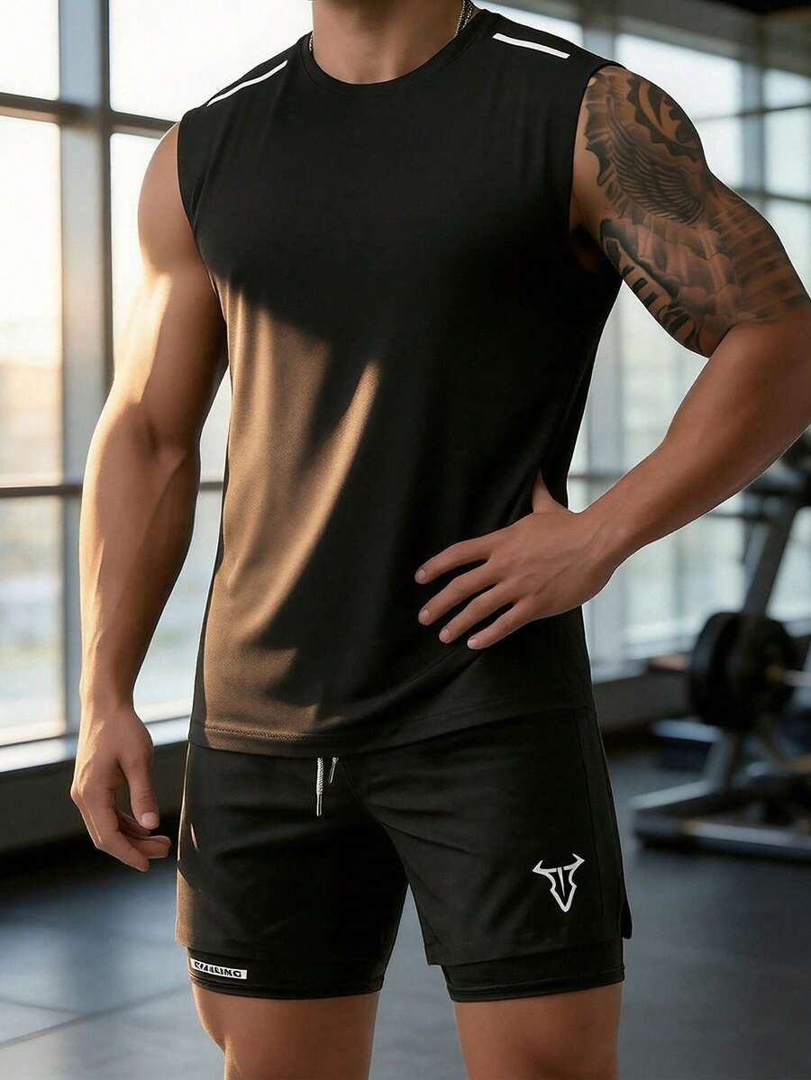 男士运动背心短裤套装,速干篮球训练健身服 - 黑色 - 查看 1