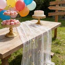 10ft/118inch Embroidered Daisy Spring/Summer Table Runner, Floral Seasonal Sheer Table Cloth For Holiday Kitchen Dining Table Decor, Suitable For Home Parties, Indoor, Can Be Trimmed For Dress, Table, Kettle, TV, Desk And Chair Decoration, Perfect For Country-Themed Events - White - View 7