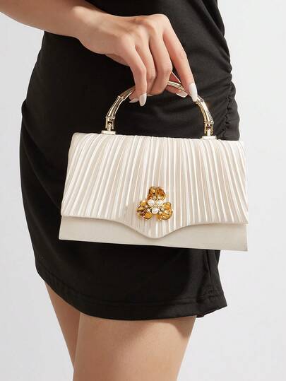 Pleated Satin Evening Clutch, Cream Formal Purse With Gold Metal Handle & Gold Floral Clasp With Faux Pearls – For Weddings, Proms & Party Looks