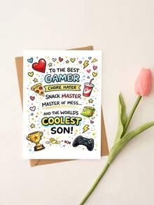 1pc "To The Best Gamer, Coolest Son!" Funny Gamer Son Card With Envelope - Cartoon Video Game Design, Ideal For Birthday, Father's Day & Just Because, Blank Inner Page - A - View 7