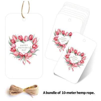50pcs Watercolor Floral Gift Tags With Hemp Rope, Pink Tulip Heart Wreath Bow And "Happy Mother's Day" Design Hanging Tags, Perfect For Birthdays, Mother's Day, Thanksgiving Day And Holidays
